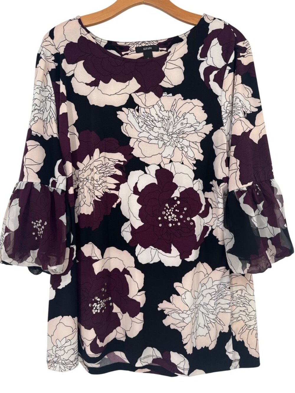 Alfani Womens Floral Bell Sleeve Top tunic size XL knit rhinestone embellished